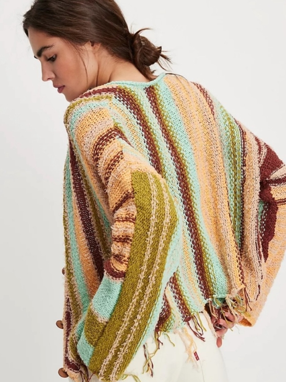 Free People Baja Stripe Fringe Boho Multicolor Button Cardigan Sweater - Picture 4 of 10